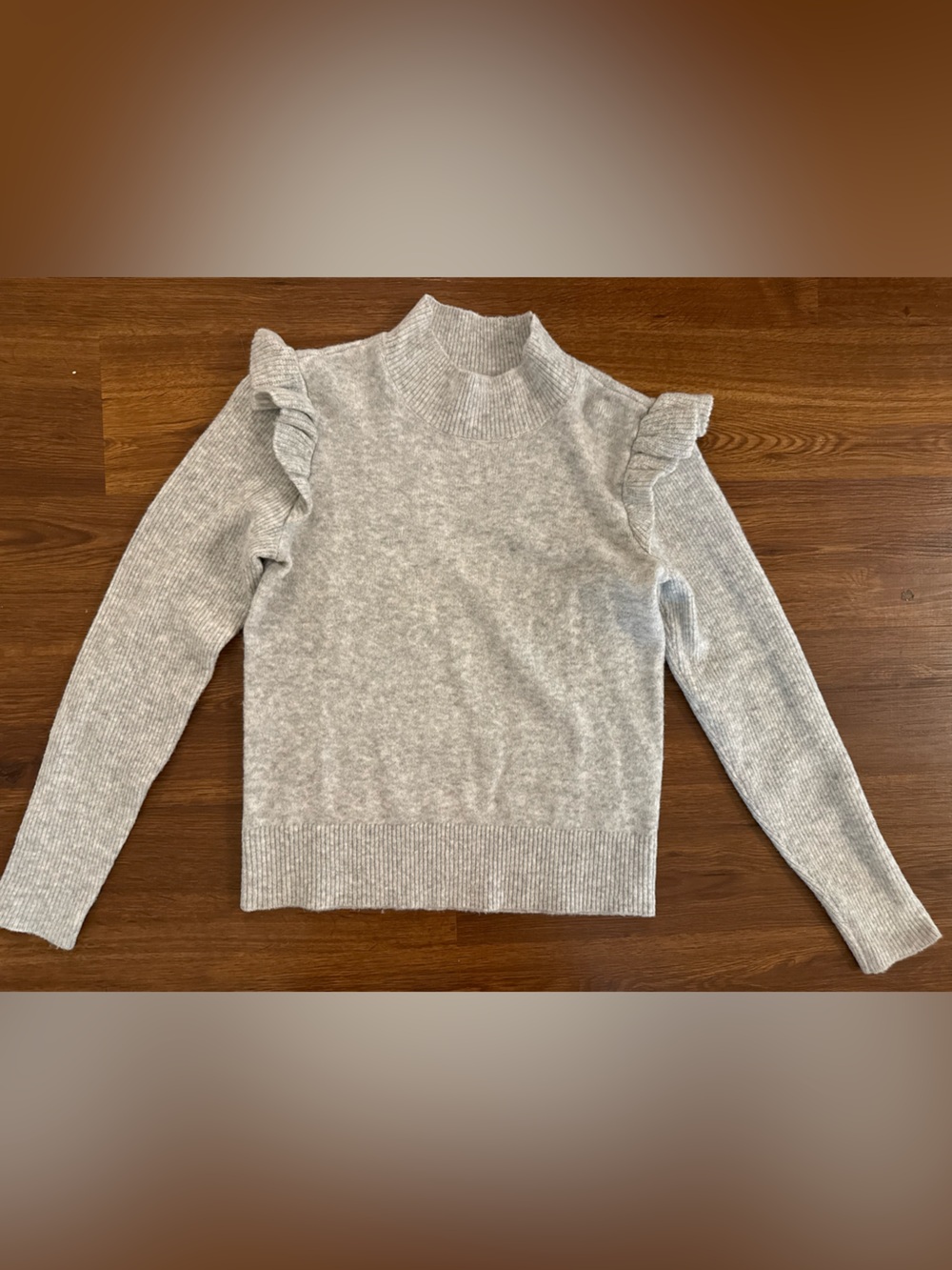 LOFT Light Gray Ruffle Shoulder Mock Neck Sweater